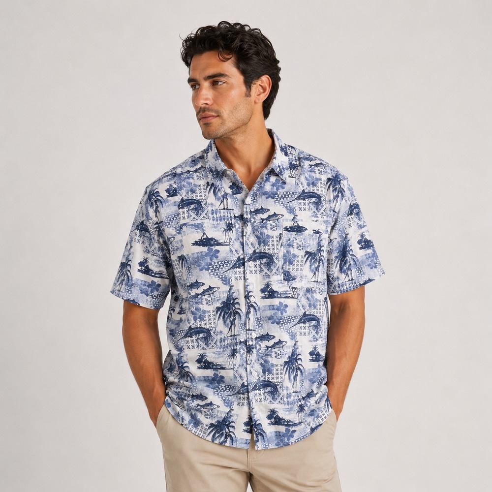 Quiksilver Waterman XXL Comfort Fit Blue White Fish Palm Tree Button Down Shirt